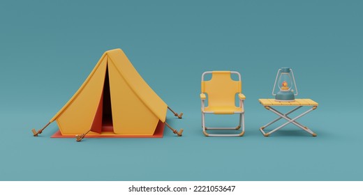 Folding Camping Chair With Camping Equipment Outside Tent On Camping Site, Elements For Camping, Summer Camp, Traveling, Trip, Hiking, 3d Rendering.

