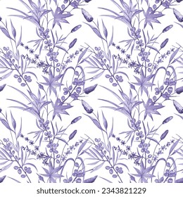 Foliate seamless pattern with maple leaves, grasses, and seaberries on white background. Elements are painted with watercolors and toned in a dull violet color. Vintage design for wallpapers, fabric