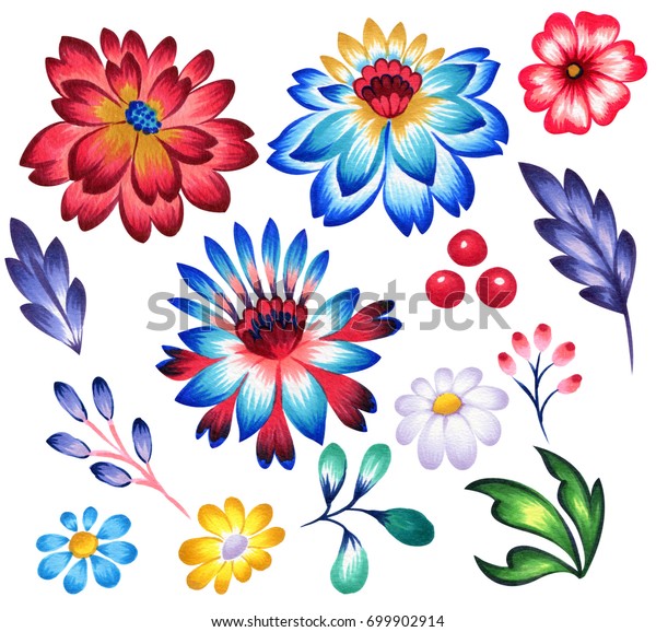 グラフィックデザイン用の民族花 美しいエスニック風花柄イラストのセット デザイン用の多くの民族的モチーフ のイラスト素材