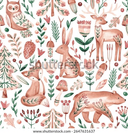 Folk forest seamless pattern. Ornamental wild animals design. Hand drawn with watercolor. Forest plants and animals background for textile, fabric, wallpaper, packaging