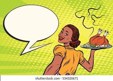 follow me African-American housewife with roast Turkey, pop art retro comic book illustration. Christmas or thanksgiving holiday home dinner - Powered by Shutterstock