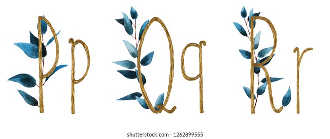 Font Alphabet P, Q R  Is Made Of Watercolor And Gold Leaf Letters With A Precious Paper To Cut The Shape Of The Letters. A Collection Of Brilliant Flora Font 