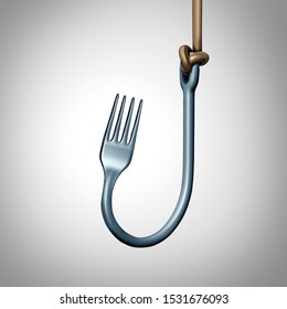 Food addiction concept and eating temptation idea as a dinner fork shaped as a fishing hook representing anorexia or bulimia and psychology of gaining weight as a 3D illustration.