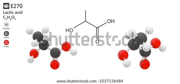 Food\
additive E270 (preservative). Lactic acid (molecular formula:\
C3H6O3) is a compound used as a food preservative. 3d illustration.\
The molecule is represented in different\
structures.