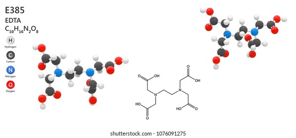 Food Additive E385 (sequestrant). EDTA(Edetic Acid Or Ethylenediaminetetraacetic Acid) Is A Compound Used As A Food Sequestrant. Chemical Formula C10H16N2O8. 3D Illustration.