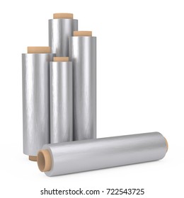 Food Aluminum Metal Packaging Foil Rolls On A White Background. 3d Rendering