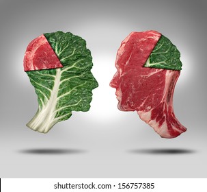 Food Balance And Health Related Eating Choices With A Human Head Shape Green Vegetable Kale Leaf With A Piece Of Meat As A Pie Chart Facing An Opposite Red Steak For Nutritional Decisions And Diet.