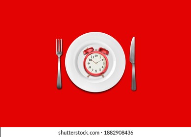 Food clock spoon and fork, Healthy food concept on Red background. 3r rendering