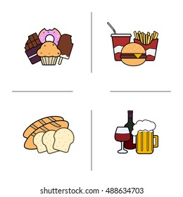 Einstellung der Lebensmittelfarbensymbole. Süßwaren, Fastfood, Bäckerei und Alkohol. Raster isolierte Illustrationen – Stockillustration