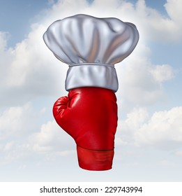 Food Competition Concept And Top Master Chef Symbol As A Red Boxing Glove With A White Kitchen Cooking Hat On A Sky Background As An Icon For Cook Off And Recipe Contests.