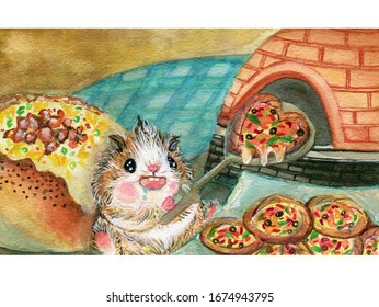 Food Concept Preparing Traditional Italian Pizza 
Gatsby Hamster Chef And Oven Stone Pizza Bread Cheese Topping Herbs In Interior Of Retro Vintage Restaurant Kitchen Watercolor Hand Drawn