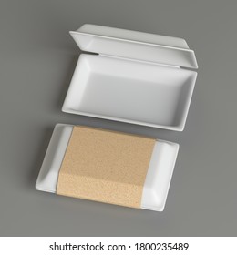 Food Container - White  Box Mockup With Craft Cardboard Cover For Branding And Identity - Open And Close Isolated 3d Render