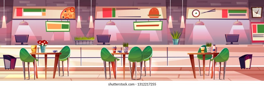 Food court in mall shop illustration of cafe interior. Sushi, pizza and fast food burgers cafeteria in trade store with tables and chairs at counters - Powered by Shutterstock