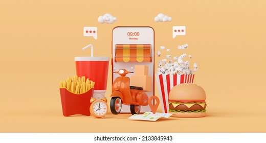 Food Delivery Application Online On Mobile, 3d Illustration