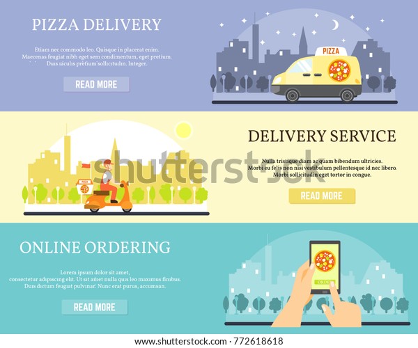 Food delivery\
banners. Order pizza online on internet using smartphone. Pizza\
delivery by car and\
motorbike.