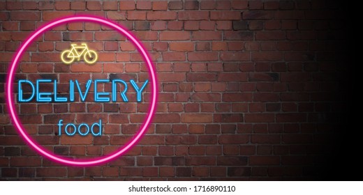 Food Delivery Circular Neon Sign With Brick Background