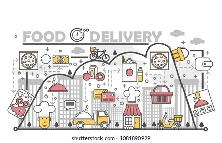 Food delivery concept illustration. Modern thin line art flat style design element with meal delivery service symbols, icons for website banners and printed materials. - Powered by Shutterstock