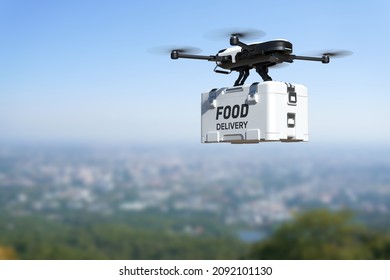 Food Delivery Drone, Autonomous Delivery Robot, Business Air Transportation Concept. 3D Illustration