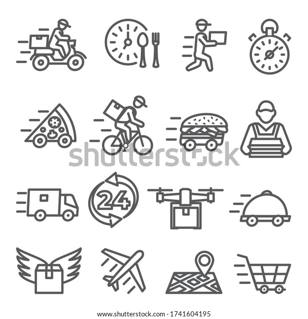 Food Delivery\
Line Icons on white\
background.