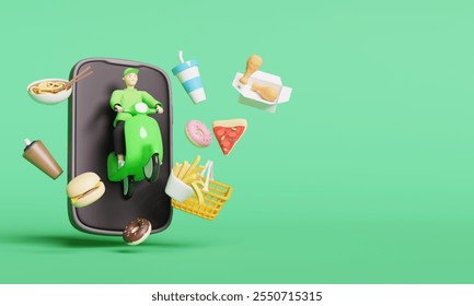 Food delivery man rides a scooter out of mobile phone with many types of foods. Fast food and drinks. Donut, burger, pizza, chicken, and french fried. Food applications serve concepts. 3d rendering - Powered by Shutterstock