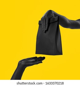 Food Delivery service concept banner. 3d illustration courier concept. Black hand gives packet for takeaway isolated on yellow background. 