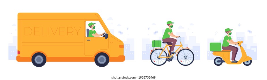 Food Delivery Transport. Courier In Mask Deliver Goods Drive Truck, Bike And Motorcycle. Covid Safe Shipping Service To Home,  Concept