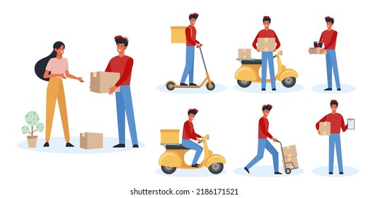 Food Deliveryman Flat Illustration Set. Joyous Courier Delivering Parcels On Scooter And On Foot. Happy Client Receiving Package. Delivery Service Worker Isolated On White Background