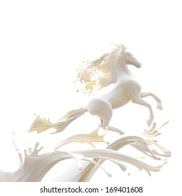 Food design element isolated on white background. Liquid horse made of fat glossy milk running making splashes.