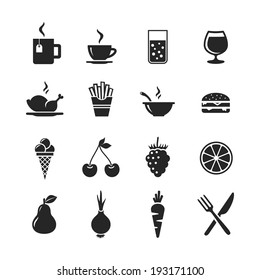 Icônes nourriture et boissons. Boissons, plats rapides, fruits, légumes. Version raster : illustration de stock