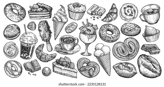 Food and Drink set isolated. Hand drawn sweet dessert concept. Collection sketches for restaurant or cafe menu