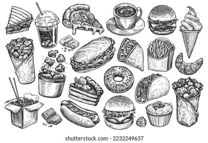 Food and Drinks illustration set. Hand drawn items collection in sketch style for design menu of restaurant or diner - Powered by Shutterstock