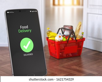 Food and eats delivery concept. Mobile phone and shopping basket with grocery in front of open door. 3d illustration