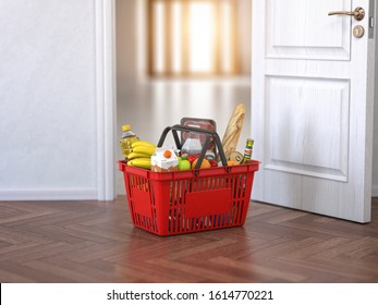 Food And Eats Delivery Concept. Shopping Basket With Grocery In Front Of Open Door. 3d Illustration