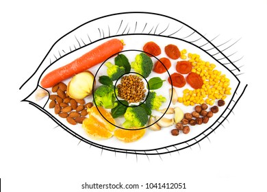 Food For Eye Health And Good Eyesight. Corn, Carrots, Broccoli, Spinach, Nuts, Garlic, Onions, Oranges,wheat, Dried Apricots. 