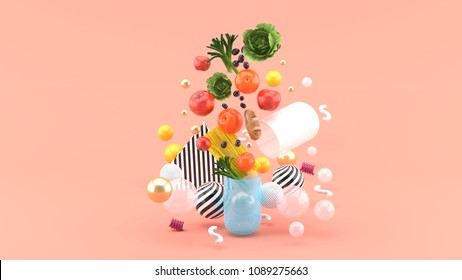 The Food Floats Out Of The Capsule Amidst Colorful Balls On The Pink Background.-3d Render.
