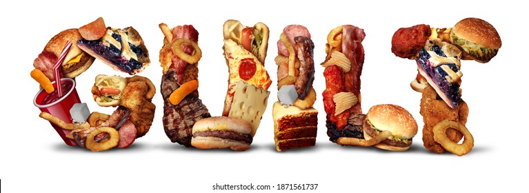 Food Guilt And Eating Fatty High Cholesterol Ingredients And Sweets As A Diet Symbol For Emotions Of Feeling Guilty For Snacking On Hamburgers Cake And Fries With 3D Render Elements.