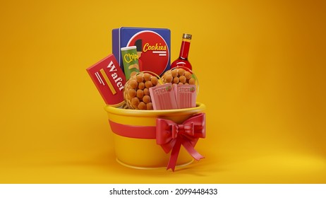 Food Hamper Gift Basket For Giving Style On Yellow Background. 3d Rendering Illustration. Side View