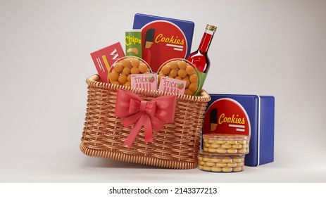 Food Hamper Gift Basket For Giving Style White Background. 3d Rendering Illustration White Background Isolated