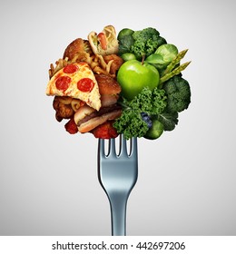 Food Health Options Concept Diet Decision Concept And Nutrition Choice Of Healthy Good Fresh Fruit And Vegetables Or Cholesterol Fast Food With One Divided Dinner Fork With 3D Illustration Elements.