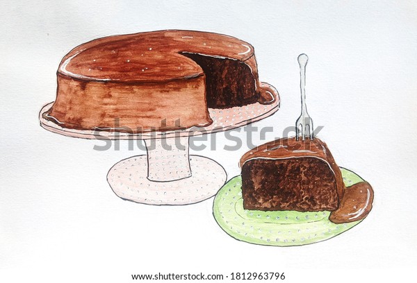 Food illustration watercolor of chocolate cake\
on a cakestand