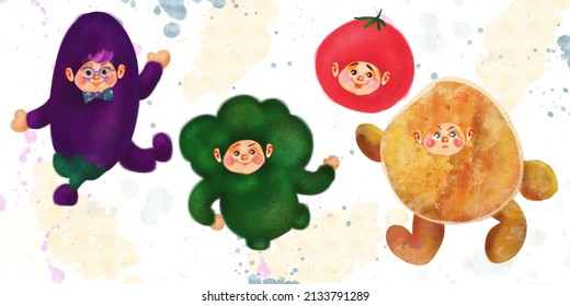 food illustrations and kids costumes