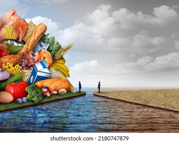 Food inequality and unfair global agriculture as rich privileged versus poor underprivileged nutrition disparity and inequity and hunger or starvation with 3D illustration elements.