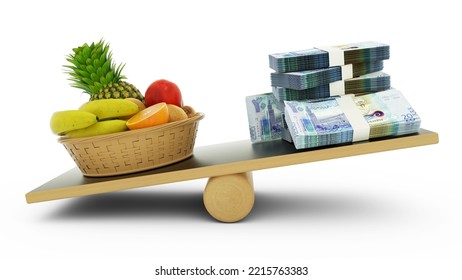 Food Inflation, Weighing Kuwaiti Currency Against Foodstuffs, High Cost Of Living, 3d Rendering