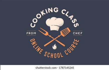 Food Logo. Logo For Cooking School Class With Icon Bbq Tools, Grill Fork, Spatula, Text Typography Coocking Class, School, Course. Graphic Logo Template For Cooking Cuisine Course. Illustration