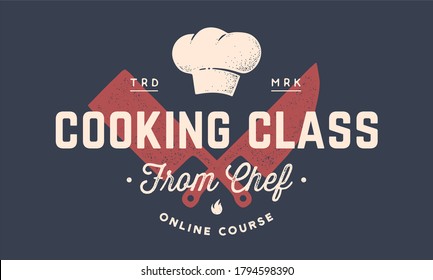 Food Logo. Logo For Cooking School Class With Icon Butcher Knives, Cleaver Knife, Chef Knife, Text Typography Coocking Class From Chef. Graphic Logo Template For Cooking Course. Illustration