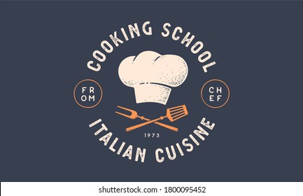 Food Logo. Logo For Cooking School Class With Icon Bbq Tools, Grill Fork, Spatula, Text Typography Coocking School, Cuisine. Graphic Logo Template For Cooking Cuisine Course. Illustration