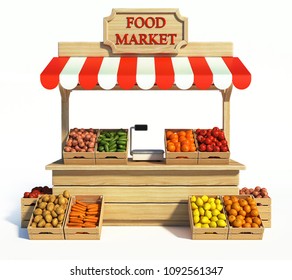 Food Market Kiosk, Farmers Shop, Farm Food Stall, Fruits And Vegetables Stand 3d Rendering