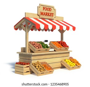 Food Market Kiosk, Farmers Shop, Farm Food Stall, Fruits And Vegetables Stand 3d Rendering