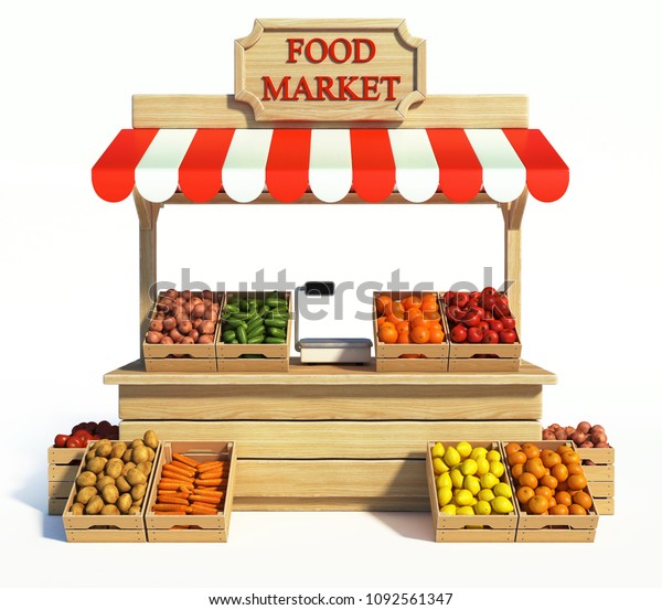 Food market kiosk, farmers shop, farm\
food stall, fruits and vegetables stand 3d\
rendering