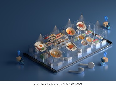 food order smartphone application. online restaurant delivery tracking. shopping mall food court menu, convenience internet store. reservation app. courier business network. 3d illustrator.